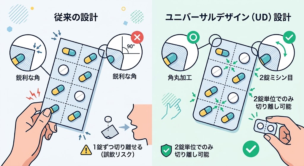薬のシートの角丸加工と2錠ミシン目比較